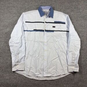 Balmain Paris Shirt Men's L Blue White Striped Long Sleeve Button Up Logo